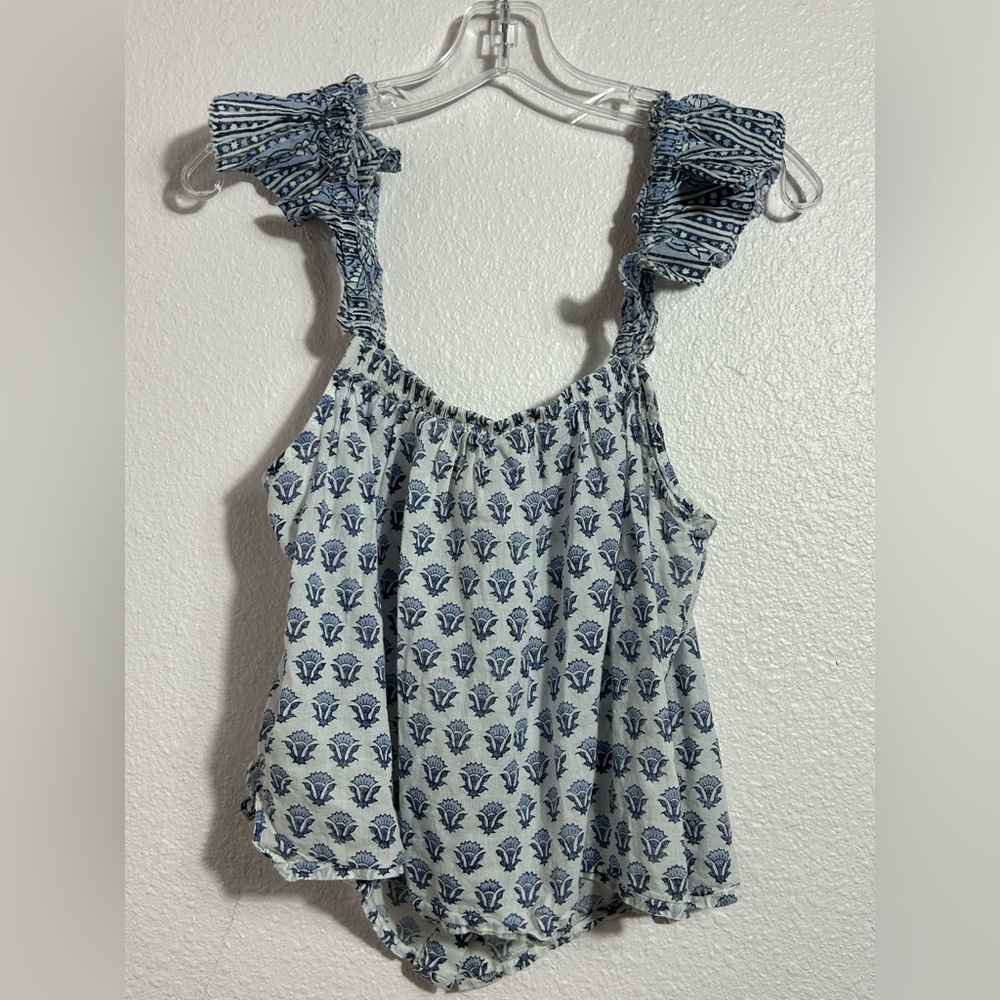 Cleobella Ruffled Cami Blue Patterned Button Tank - Picture 7 of 8